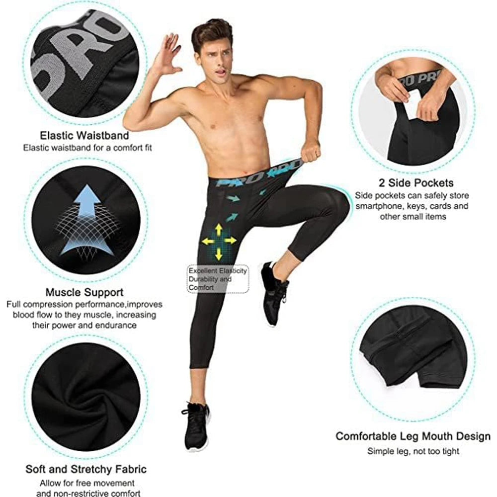 3/4 Compression Pants Quick Drying Gym Workout Leggings Basketball Running Athletic Sports Training Base Layer Bottoms