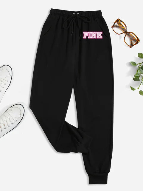 Pink monogrammed sweatpants, everyday casual pants, women's clothing