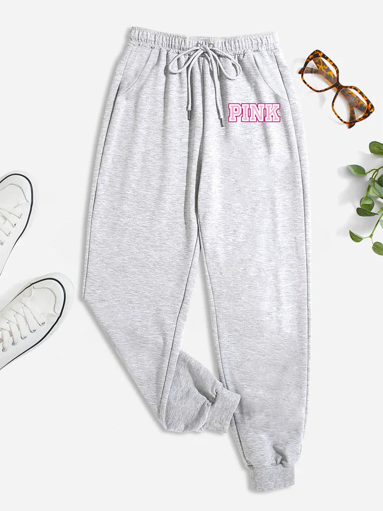 Pink monogrammed sweatpants, everyday casual pants, women's clothing