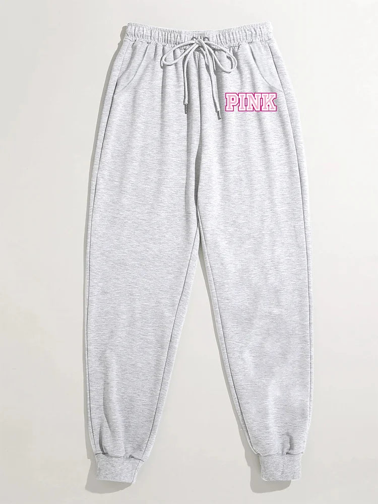 Pink monogrammed sweatpants, everyday casual pants, women's clothing