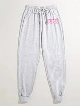 Pink monogrammed sweatpants, everyday casual pants, women's clothing